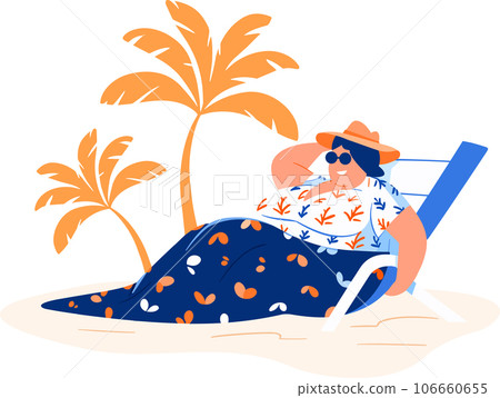 Hand Drawn overweight Tourists relaxing by the sea on vacation in flat style 106660655