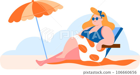Hand Drawn overweight Tourists relaxing by the sea on vacation in flat style 106660656