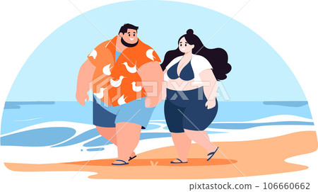 Hand Drawn overweight Tourists relaxing by the sea on vacation in flat style 106660662