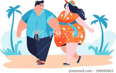 Hand Drawn overweight Tourists relaxing by the sea on vacation in flat style Hand Drawn overweight Tourists relaxing by the sea on vacation in flat style 106660665