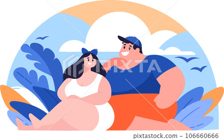 Hand Drawn overweight Tourists relaxing by the sea on vacation in flat style Hand Drawn overweight Tourists relaxing by the sea on vacation in flat style 106660666