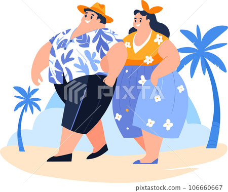 Hand Drawn overweight Tourists relaxing by the sea on vacation in flat style Hand Drawn overweight Tourists relaxing by the sea on vacation in flat style 106660667