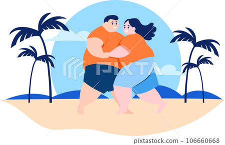 Hand Drawn overweight Tourists relaxing by the sea on vacation in flat style Hand Drawn overweight Tourists relaxing by the sea on vacation in flat style 106660668