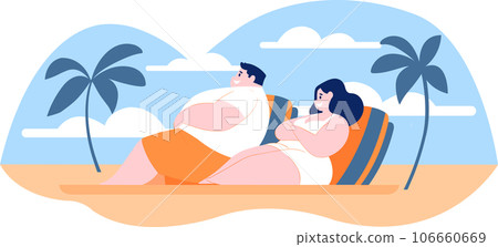 Hand Drawn overweight Tourists relaxing by the sea on vacation in flat style Hand Drawn overweight Tourists relaxing by the sea on vacation in flat style 106660669