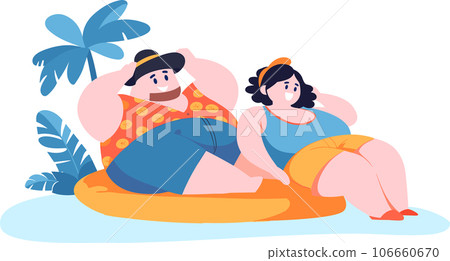 Hand Drawn overweight Tourists relaxing by the sea on vacation in flat style Hand Drawn overweight Tourists relaxing by the sea on vacation in flat style 106660670