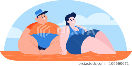 Hand Drawn overweight Tourists relaxing by the sea on vacation in flat style Hand Drawn overweight Tourists relaxing by the sea on vacation in flat style 106660671