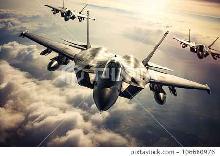 Fighter jets soaring through the clouds in formation. Fighter jets soaring through the clouds in formation. 106660976