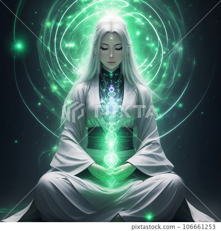 冥想女人的脈輪和能量插畫藝術（AI 生成圖像） 106661253