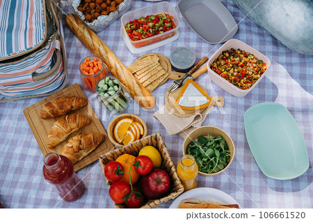 Picnic in the forest camping site with vegetables, juice, cheese, and croissants. Fresh organic veggies surrounded with bread baguettes, salads Picnic in the forest camping site with vegetables, juice, cheese, and croissants. Fresh organic veggies surrounded with bread baguettes, salads 106661520