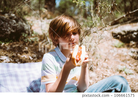 School boy kid child eating holding a juicy hotdog on a picnic outside in the city park. School boy kid child eating holding a juicy hotdog on a picnic outside in the city park. 106661575