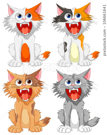 Four Ferocious Cats with Open Mouths 106661641
