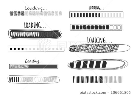 Set Loading bar, progress in doodle style isolated on white background. Indicator, line hand drawn sketch. Set Loading bar, progress in doodle style isolated on white background. Indicator, line hand drawn sketch. 106661805