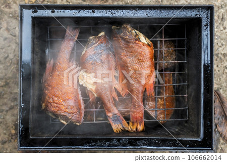 Smoked fish in smokehouse box.  106662014