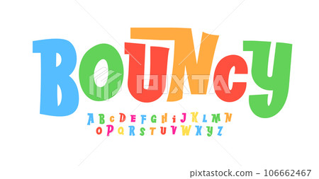 Bouncy color font, lively dynamic letters for fun and friendly designs. Perfect for school, birthdays, joyful celebrations or carnival. Cartoon typography for funny and funky design. Vector typeset. Bouncy color font, lively dynamic letters for fun and friendly designs. Perfect for school, birthdays, joyful celebrations or carnival. Cartoon typography for funny and funky design. Vector typeset. 106662467