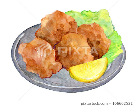 Watercolor illustration Fried chicken with lemon 106662521