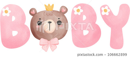Cute teddy bear baby shower nursery cartoon animal watercolor hand painting 106662899