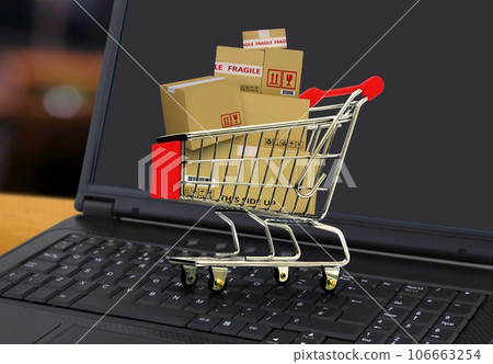 Online shopping and delivery service concept with shopping cart full of boxes on laptop 106663254