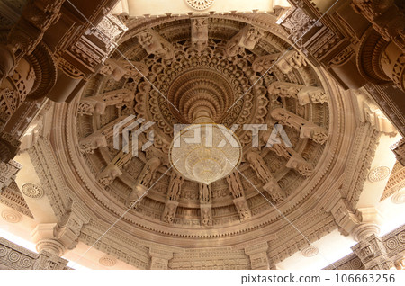 Chandelier and center dome of BAPS Shri Swaminarayan Mandir Pune Maharashtra Inda 106663256