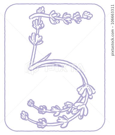 薰衣草素描風格,設計字母數字。 “五”。矢量材料。 薰衣草素描風格,設計字母數字。 “五”。矢量材料。 106663311