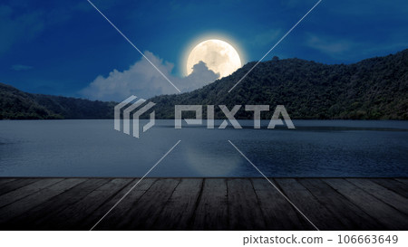 Wooden floor with the landscape of a lake with a full moon 106663649