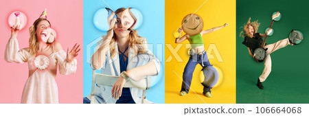 Creative collage. Young pretty girl in different clothes posing with diverse emotions on multicolored background. Magnifying circles 106664068