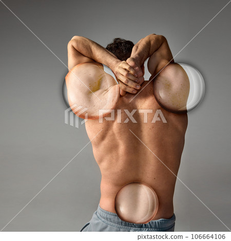 Creative collage. Rear view of relief, muscular male body. Freckled, strong shoulders. Shirtless man over grey studio background. Creative collage. Rear view of relief, muscular male body. Freckled, strong shoulders. Shirtless man over grey studio background. 106664106