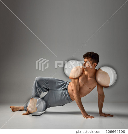 Creative collage. Mature handsome man posing shirtless in pants on grey studio background. Muscular, relief body aesthetics. Creative collage. Mature handsome man posing shirtless in pants on grey studio background. Muscular, relief body aesthetics. 106664108