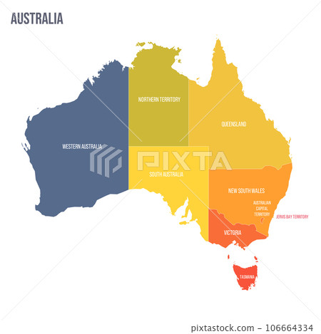 Australia political map of administrative divisions - states and teritorries. Colorful spectrum political map with labels and country name. 106664334