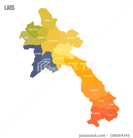 Laos political map of administrative divisions - provinces and prefecture of Vientiane. Colorful spectrum political map with labels and country name. 106664345