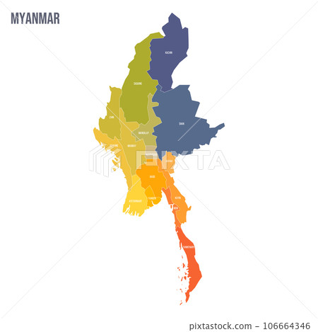 Myanmar political map of administrative divisions - states, regions and Naypyitaw Union Territory. Colorful spectrum political map with labels and country name. 106664346