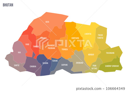 Bhutan political map of administrative divisions - districts. Colorful spectrum political map with labels and country name. 106664349