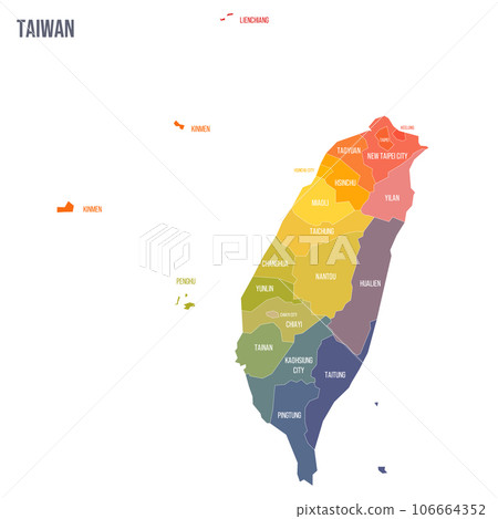 Taiwan political map of administrative divisions - provinces and special municipalities. Colorful spectrum political map with labels and country name. Taiwan political map of administrative divisions - provinces and special municipalities. Colorful spectrum political map with labels and country name. 106664352