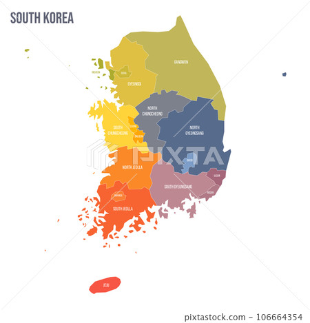 South Korea political map of administrative divisions - provinces, metropolitan cities, special city of Seolu and special self-governing cities of Sejong. Colorful spectrum political map with labels South Korea political map of administrative divisions - provinces, metropolitan cities, special city of Seolu and special self-governing cities of Sejong. Colorful spectrum political map with labels 106664354