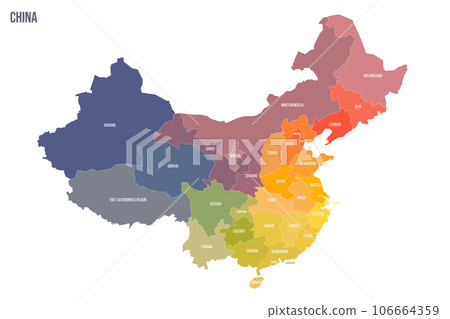 China political map of administrative divisions - provinces, autonomous regions and municipalities. Colorful spectrum political map with labels and country name. 106664359