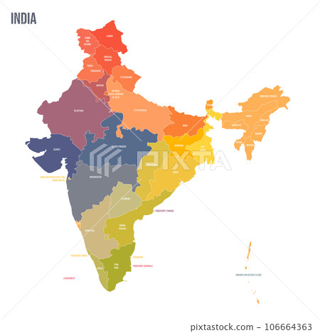 India political map of administrative divisions - states and union teritorries. Colorful spectrum political map with labels and country name. 106664363