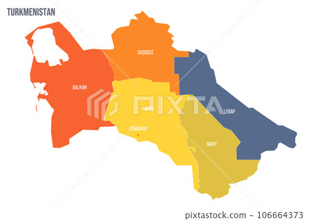 Turkmenistan political map of administrative divisions - regions and capital city district of Ashgabat. Colorful spectrum political map with labels and country name. 106664373