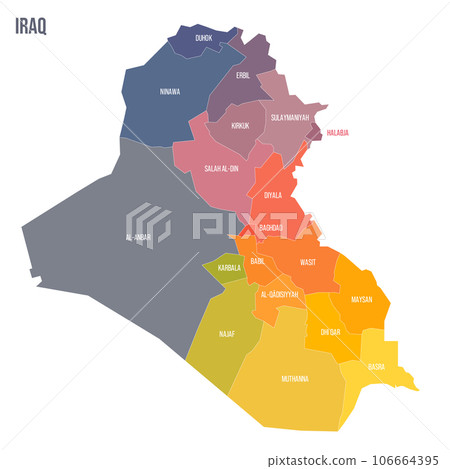 Iraq political map of administrative divisions - governorates and Kurdistan Region. Colorful spectrum political map with labels and country name. 106664395