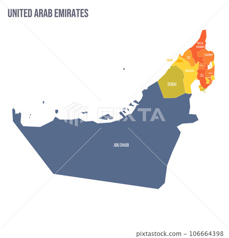 United Arab Emirates political map of administrative divisions - emirates. Colorful spectrum political map with labels and country name. United Arab Emirates political map of administrative divisions - emirates. Colorful spectrum political map with labels and country name. 106664398