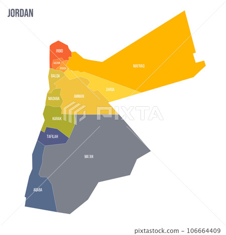 Jordan political map of administrative divisions - governorates. Colorful spectrum political map with labels and country name. Jordan political map of administrative divisions - governorates. Colorful spectrum political map with labels and country name. 106664409