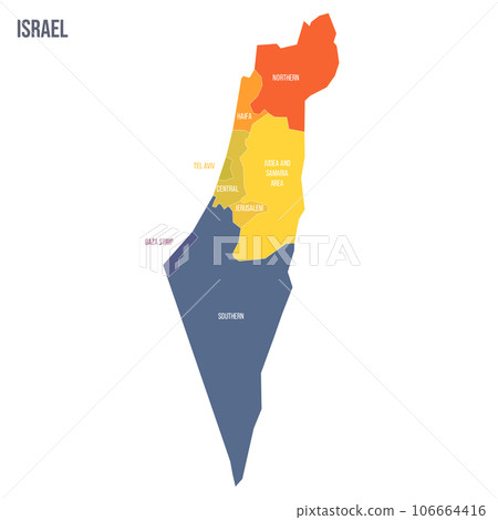 Israel political map of administrative divisions - districts, Gaza Strip and Judea and Samaria Area. Colorful spectrum political map with labels and country name. Israel political map of administrative divisions - districts, Gaza Strip and Judea and Samaria Area. Colorful spectrum political map with labels and country name. 106664416