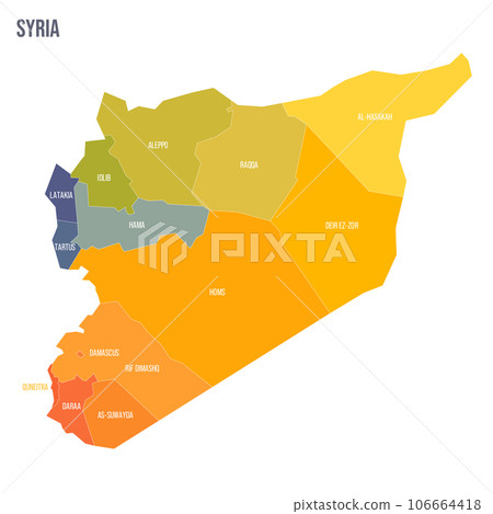 Syria political map of administrative divisions - governorates. Colorful spectrum political map with labels and country name. Syria political map of administrative divisions - governorates. Colorful spectrum political map with labels and country name. 106664418