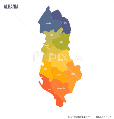 Albania political map of administrative divisions - counties. Colorful spectrum political map with labels and country name. Albania political map of administrative divisions - counties. Colorful spectrum political map with labels and country name. 106664426