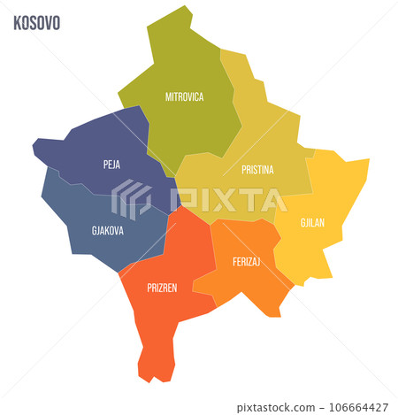Kosovo political map of administrative divisions - districts. Colorful spectrum political map with labels and country name. 106664427