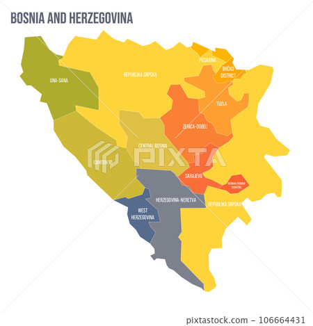 Bosnia and Herzegovina political map of administrative divisions - cantons of Federation of Bosnia and Herzegovina and Republika Srpska. Colorful spectrum political map with labels and country name. Bosnia and Herzegovina political map of administrative divisions - cantons of Federation of Bosnia and Herzegovina and Republika Srpska. Colorful spectrum political map with labels and country name. 106664431