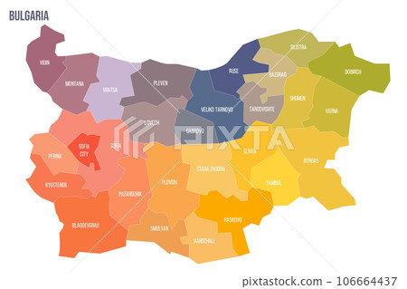 Bulgaria political map of administrative divisions - provinces and regions. Colorful spectrum political map with labels and country name. Bulgaria political map of administrative divisions - provinces and regions. Colorful spectrum political map with labels and country name. 106664437