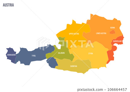 Austria political map of administrative divisions - federal states. Colorful spectrum political map with labels and country name. Austria political map of administrative divisions - federal states. Colorful spectrum political map with labels and country name. 106664457