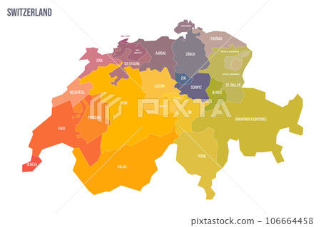 Switzerland political map of administrative divisions - cantons. Colorful spectrum political map with labels and country name. Switzerland political map of administrative divisions - cantons. Colorful spectrum political map with labels and country name. 106664458
