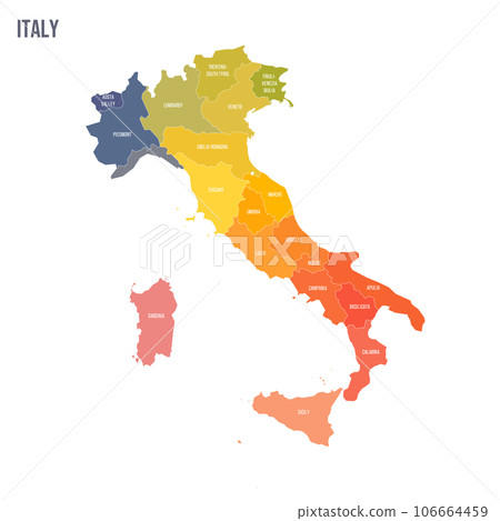 Italy political map of administrative divisions - regions. Colorful spectrum political map with labels and country name. Italy political map of administrative divisions - regions. Colorful spectrum political map with labels and country name. 106664459