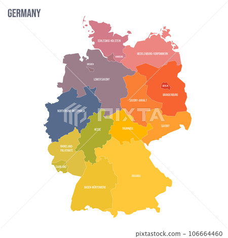 Germany political map of administrative divisions - federal states. Colorful spectrum political map with labels and country name. Germany political map of administrative divisions - federal states. Colorful spectrum political map with labels and country name. 106664460