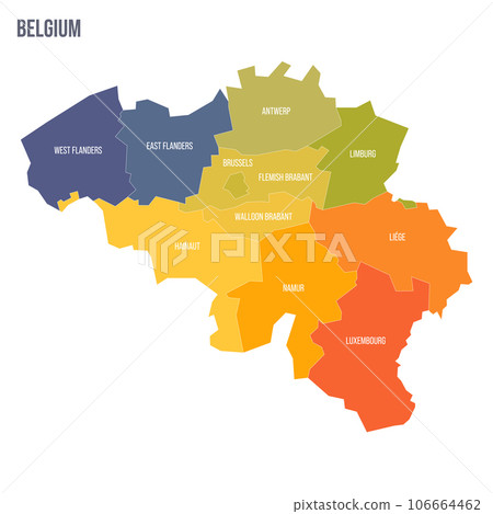 Belgium political map of administrative divisions - provinces. Colorful spectrum political map with labels and country name. 106664462
